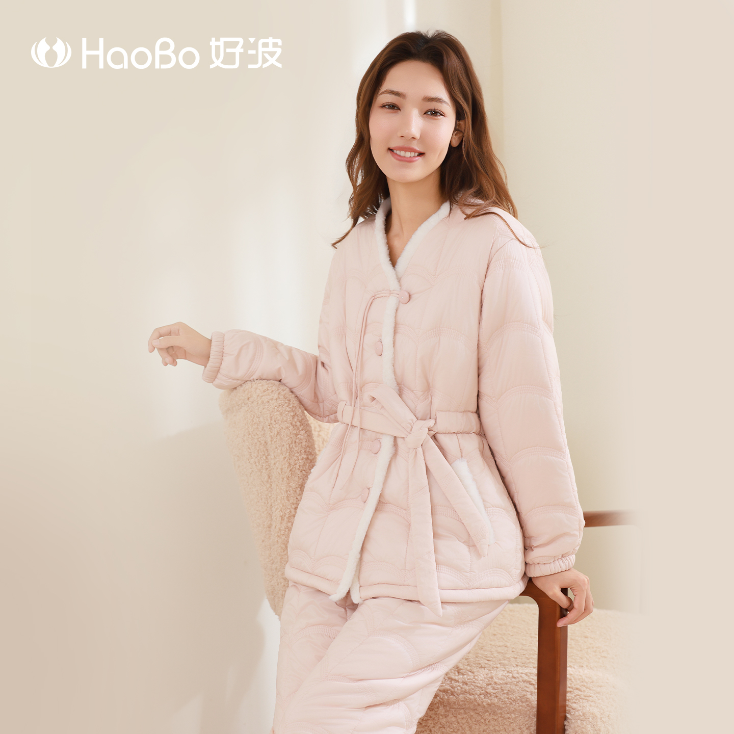好波秋冬家居服轻型时尚夹棉睡衣套装可外穿大码宽松睡衣HJ2578