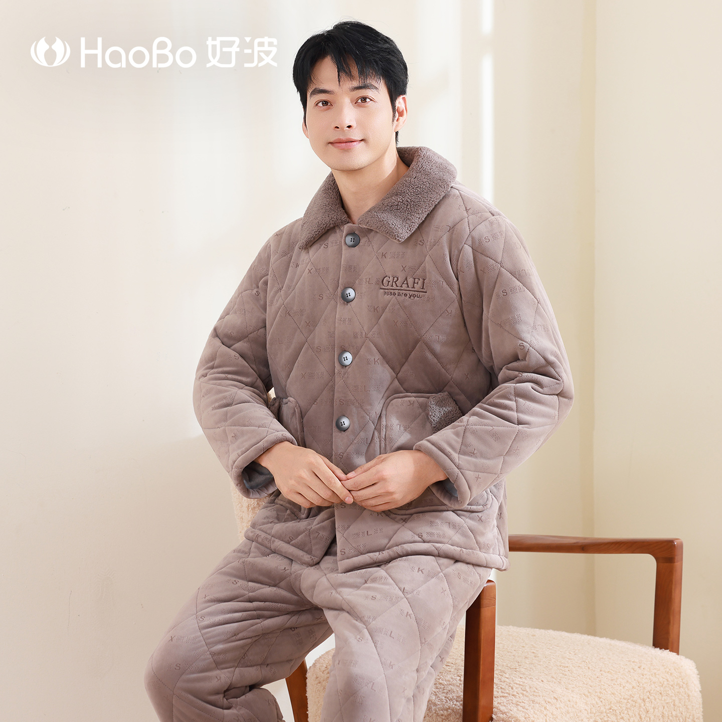好波冬季睡衣男士大码宽松家居服加厚防寒可外穿棉袄睡衣HJ2582