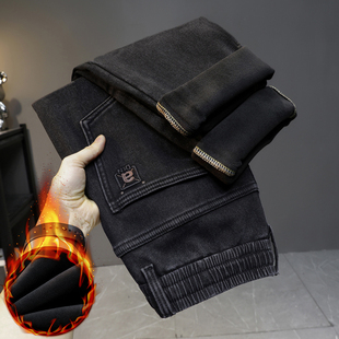 2025冬季松紧腰加绒加厚牛仔裤宽松保暖抽绳松紧腰一体绒长裤男士