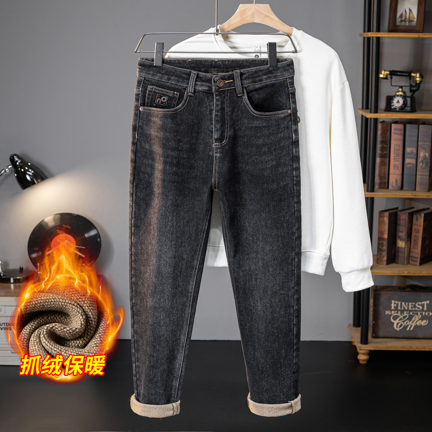 男士黑色牛仔裤修身小脚长裤