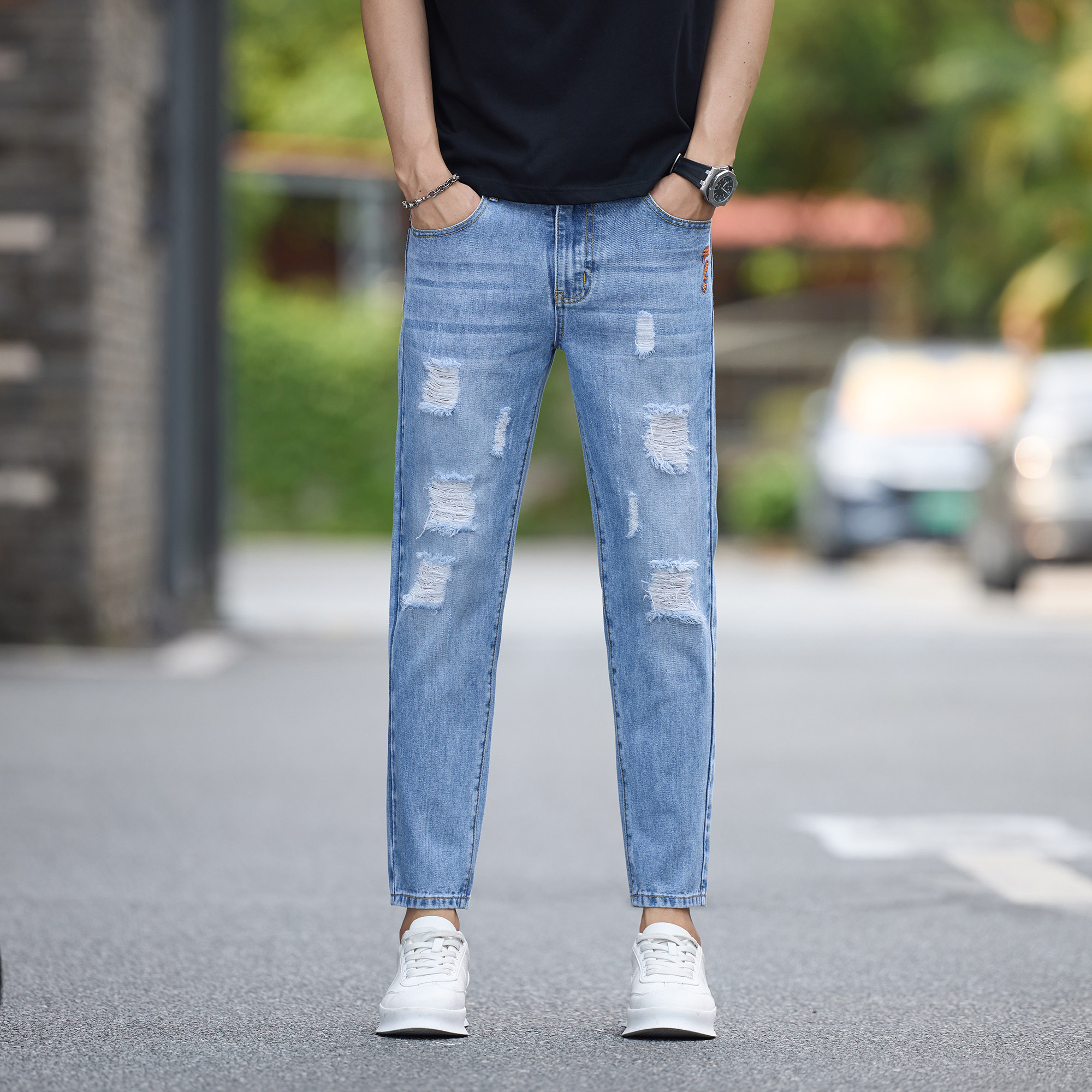 破洞裤子潮男士弹力修身小直筒休闲九分牛仔裤夏季新款显腿长男裤