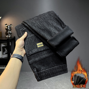 保暖水貂绒！男士加绒牛仔裤抽绳松紧腰弹力休闲长裤加厚直筒裤子