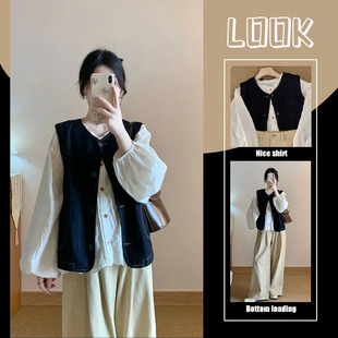 春装搭配一整套大码胖mm减龄穿搭日系衬衫马甲休闲裤叠穿三件套装