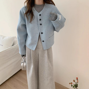 圆领正肩短款双面羊毛大衣女2025秋冬韩版宽松气质小香风毛呢外套