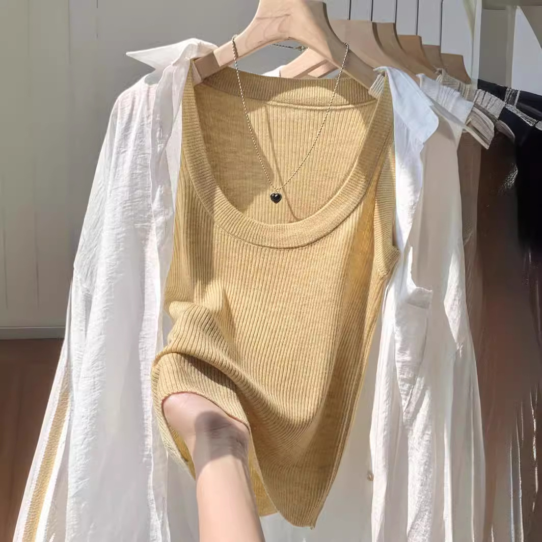 多巴胺漏锁骨低领小吊带韩版防走光冰丝螺纹U领针织背心女上衣夏