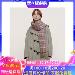 TeenieWeenie小熊2023宽松长款连帽牛角扣毛呢大衣女TTJW23J819N