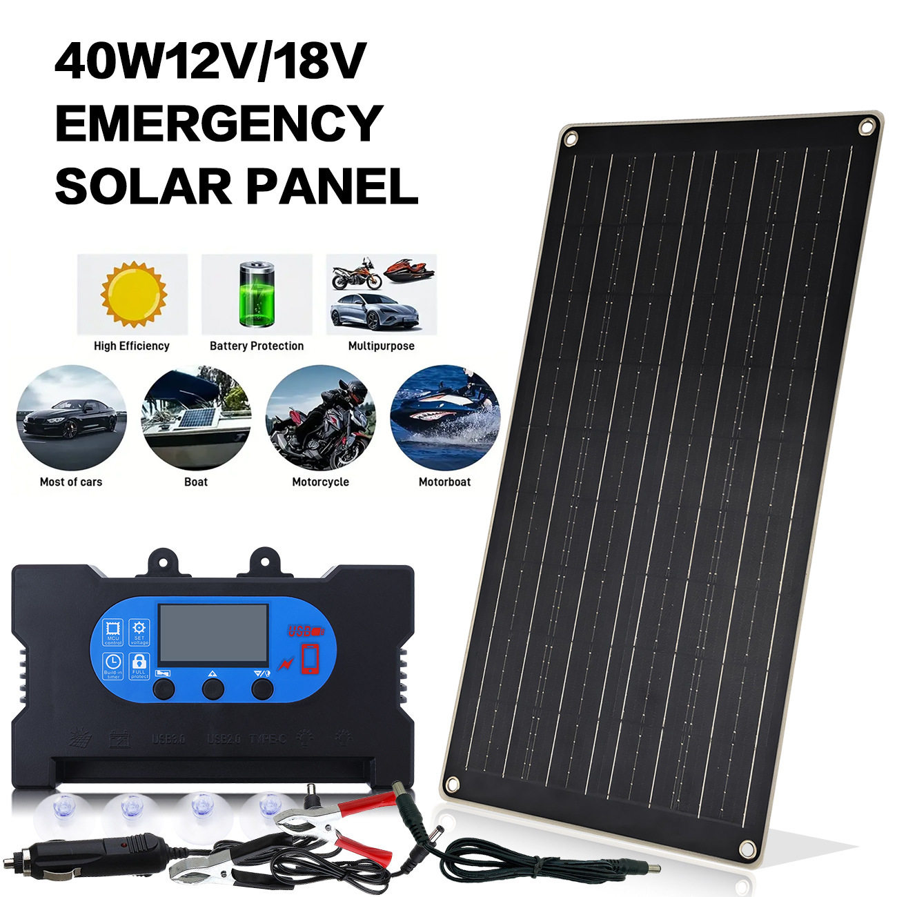 热销单晶40W12V18V太阳能板带黑色底板光伏控制器TEMU
