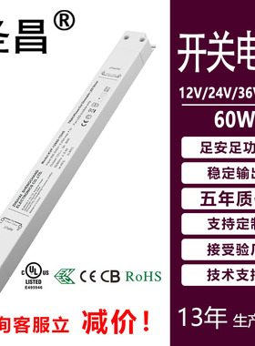 RoHS认证五年质保12V24V 60W白色细长条塑胶外壳LED开关电源