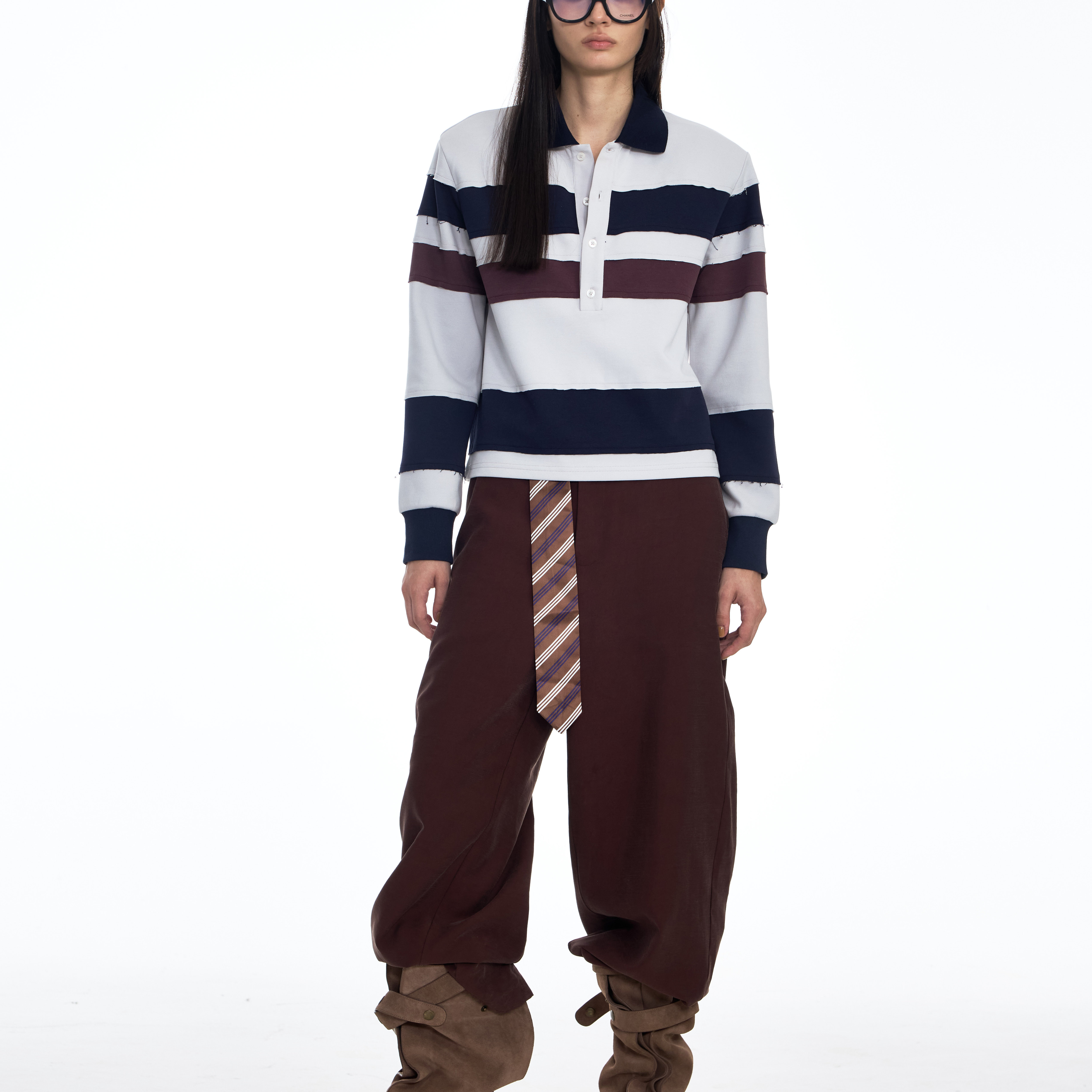 DONOTDISTURB原创拼接撞色毛边设计宽松廓形POLO短卫衣上衣