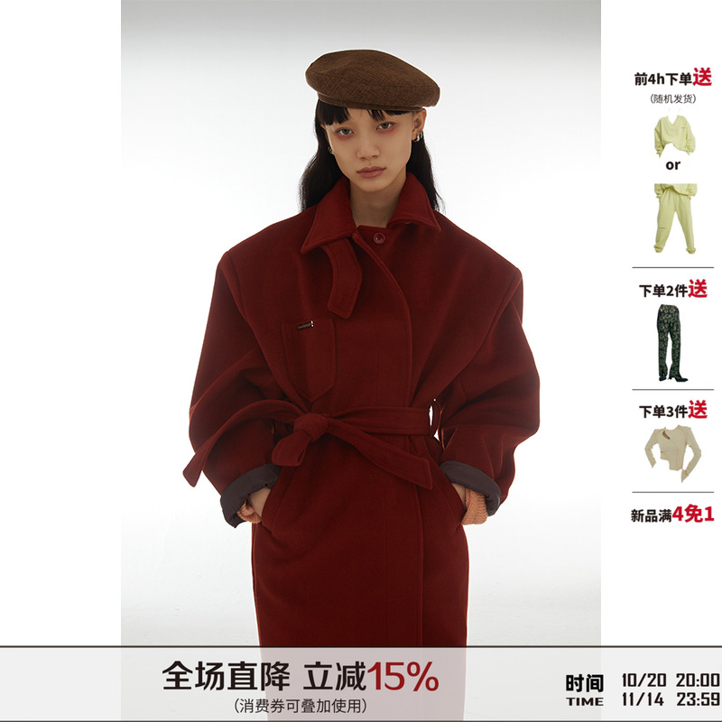 DONOTDISTURB原创设计红色呢子大衣翻领毛呢外套