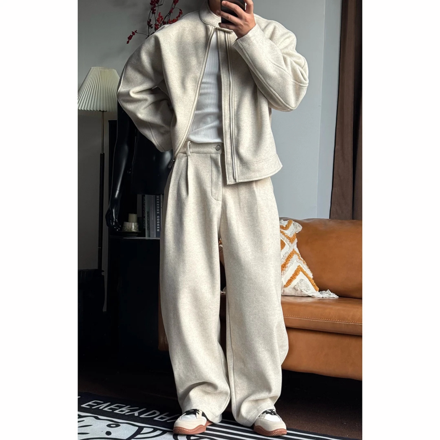 冬季重磅男士高级感纯色外套直筒长裤两件套韩版运动休闲时尚套装