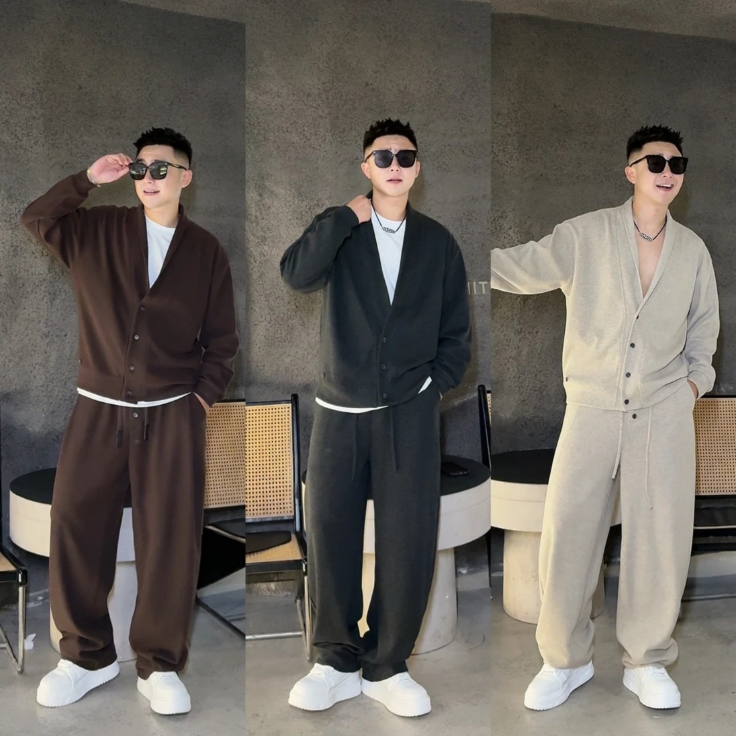 立领设计开衫套装明扣针织休闲裤