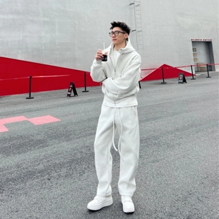 冬季加绒运动卫衣套装美式简约连帽开衫外套百搭休闲裤两件套情侣