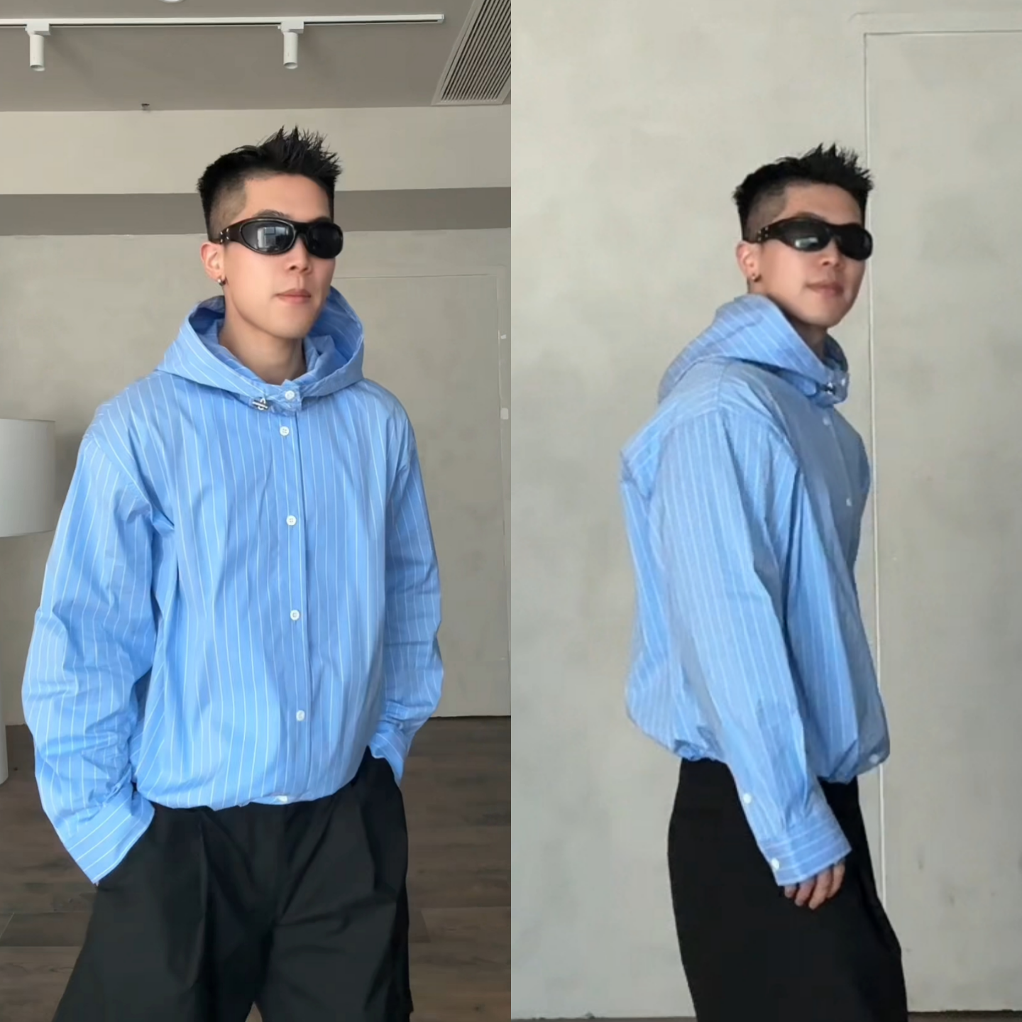 春季洋气男士时髦日常廓形连帽外套蓝色条纹松弛感休闲长袖衬衫潮