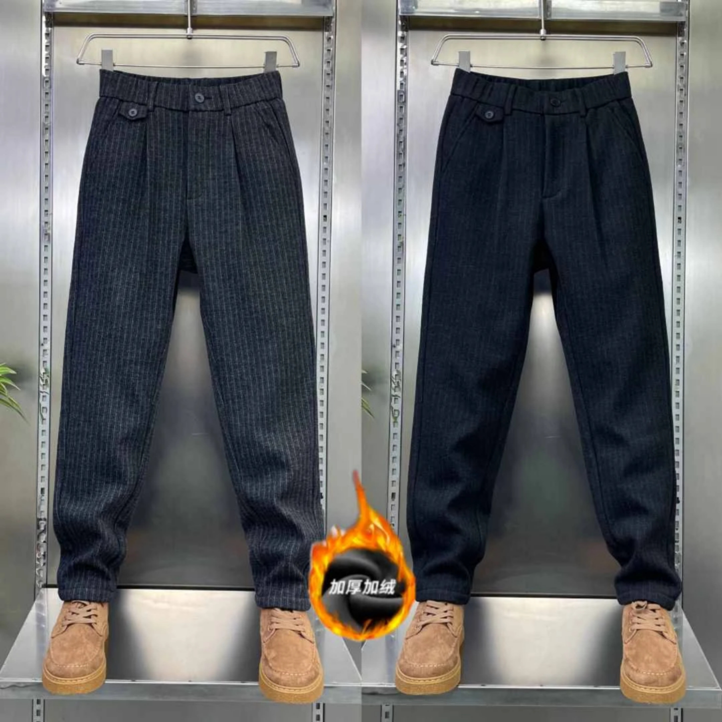 男士条纹直筒休闲裤冬季加绒加厚时尚舒适保暖商务西裤小众高级感