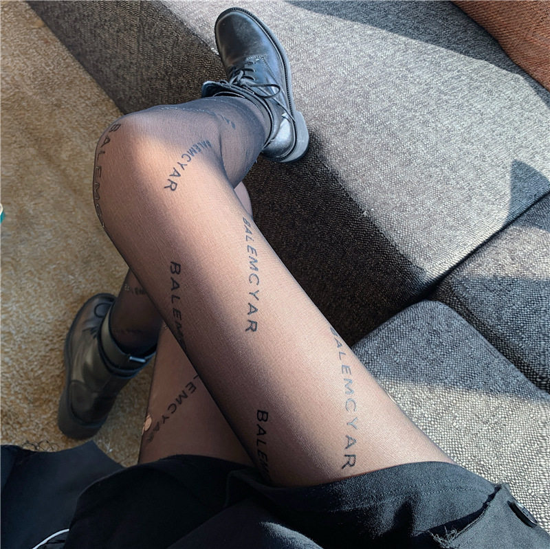 性感黑丝巴黎字母印花任意剪连裤袜网红外穿防勾丝打底袜子