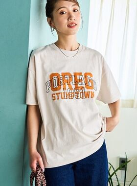 FS外贸出口日本原单尾货 宽松版胶印+刺绣字母纯棉圆领短袖T恤