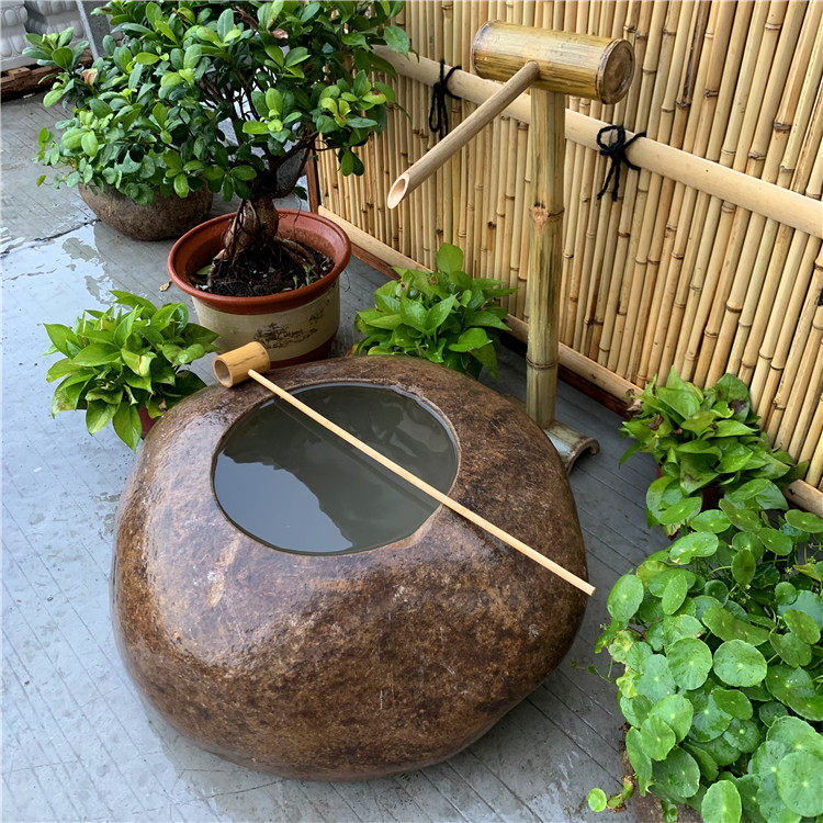 日式庭院石钵流水枯山水惊鹿竹子户外花园室外禅意水钵水景石灯笼