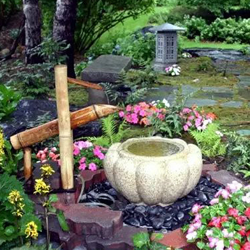 日式庭院石钵流水水景石灯笼枯山水惊鹿竹子户外花园阳台禅意水钵