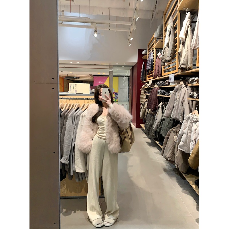 实拍实价 V领套头针织内搭+气质粉色温柔挂狐狸毛皮草外套