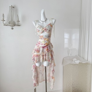 荷叶边碎花裙雪纺裙子 新款 项天鹅er 度假风吊带连衣裙女2025春季