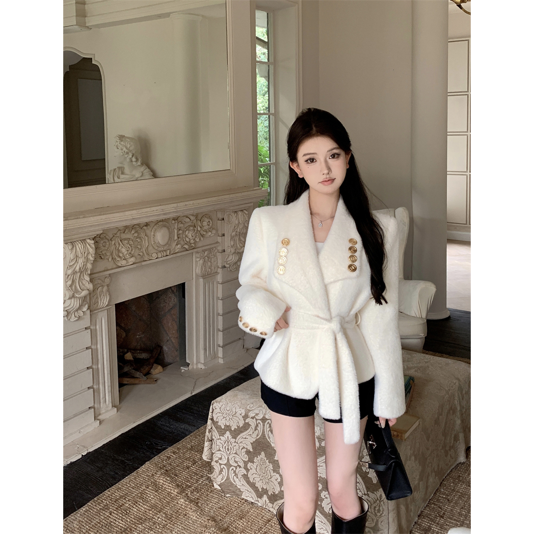 实拍实价 小香风翻领细毛绒腰带收腰夹棉西装西服外套