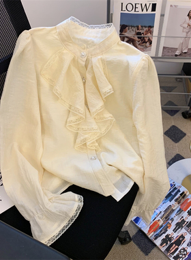 实拍 荷叶边系带蝴蝶结雪纺衬衫2024新秋款设计小众长袖上衣女