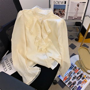 实拍 荷叶边系带蝴蝶结雪纺衬衫2024新秋款设计小众长袖上衣女