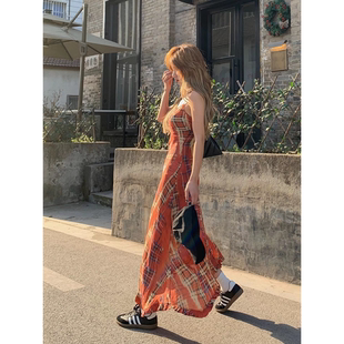 FFU 吊带连衣裙女春季新款设计感小众立体格纹不规则下摆坠感长裙