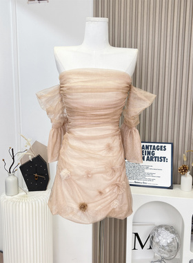 kubiliv赤茶玫瑰一字肩性感抹胸网纱连衣裙纯欲收腰a字短裙女