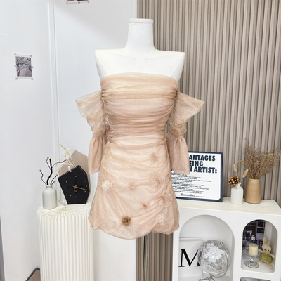 kubiliv赤茶玫瑰一字肩性感抹胸网纱连衣裙纯欲收腰a字短裙女