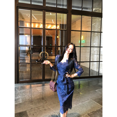 实拍实价 交叠v领名媛气质蕾丝连衣裙女腰带收腰包臀裙子