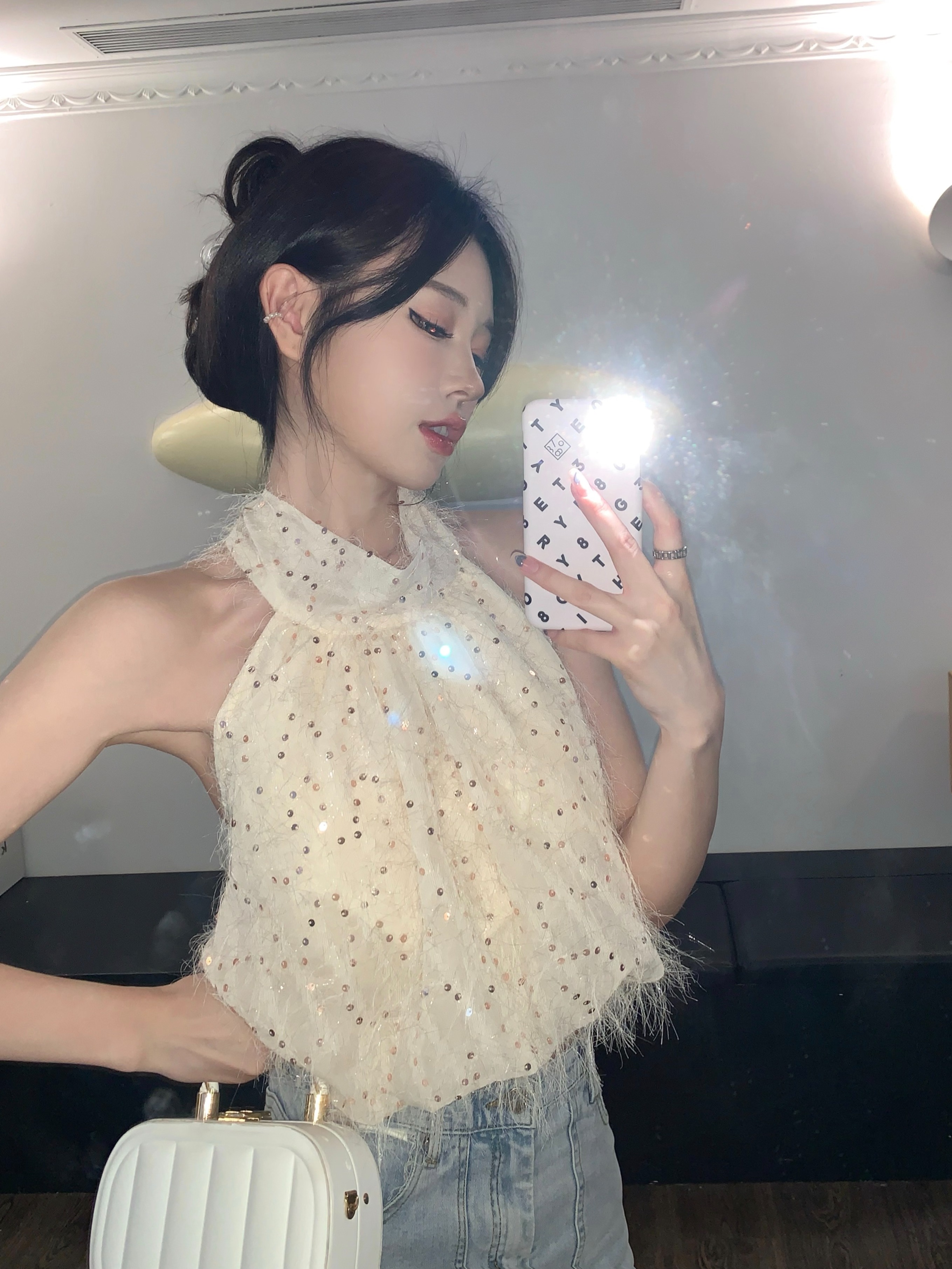 轻奢亮片女无袖上衣夏季性感露背挂脖绑带蝴蝶结背心