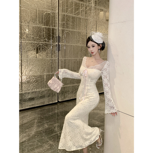 显瘦鱼尾包臀裙 连衣裙修身 实拍实价 性感蕾丝V领蕾丝长袖