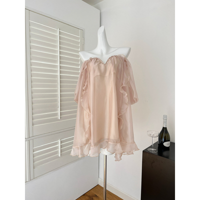 kubiliv浮光浅梦荷叶边v领抹胸雪纺连衣裙显瘦度假短裙仙女裙