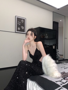 实拍实价 黑色礼服裙闪闪镂空性感设计感亮片长裙聚会晚礼连衣裙