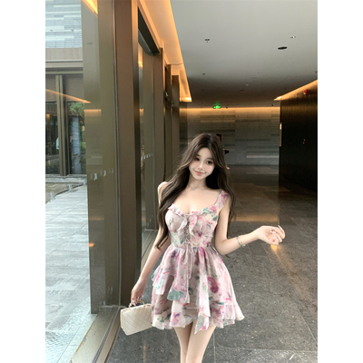 实拍实价 碎花吊带荷叶边印花V领收腰短裙子