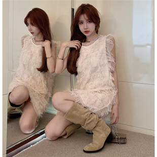 女神范超仙流苏羽毛背心仙女连衣裙