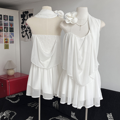 kubiliv海岛goddess手工花朵挂脖抹胸吊带上衣短半裙度假套装