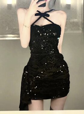 闪闪战裙 蝴蝶结辣妹丝绒亮片拖尾连衣裙女年会聚会氛围裙
