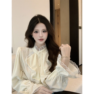 实价实拍~小香风荷叶边丝绒衬衫女秋冬立领打底衫内搭宫廷泡泡袖