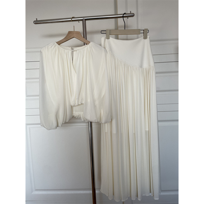 kubiliv心动缪斯设计感压褶斗篷无袖上衣高腰百褶伞裙两件套