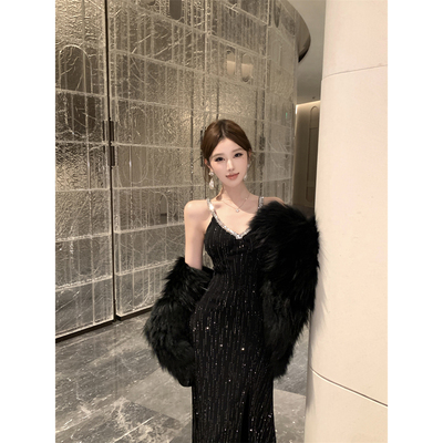 实拍  名媛法式温柔气质女神高级感轻烫钻亮片礼服裙