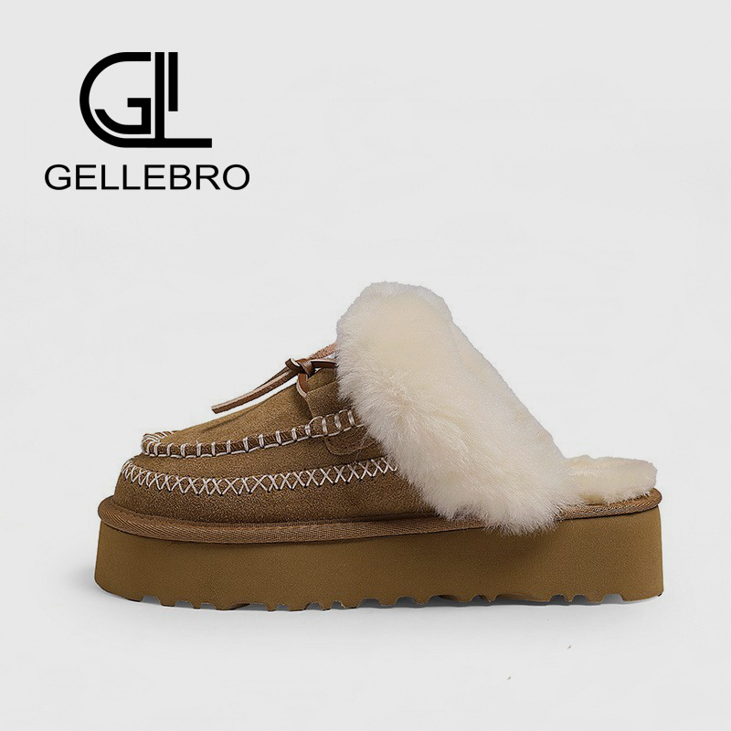 桑坡翻毛领民族风雪地靴女皮毛一体半拖毛毛鞋厚底手缝线包头拖鞋