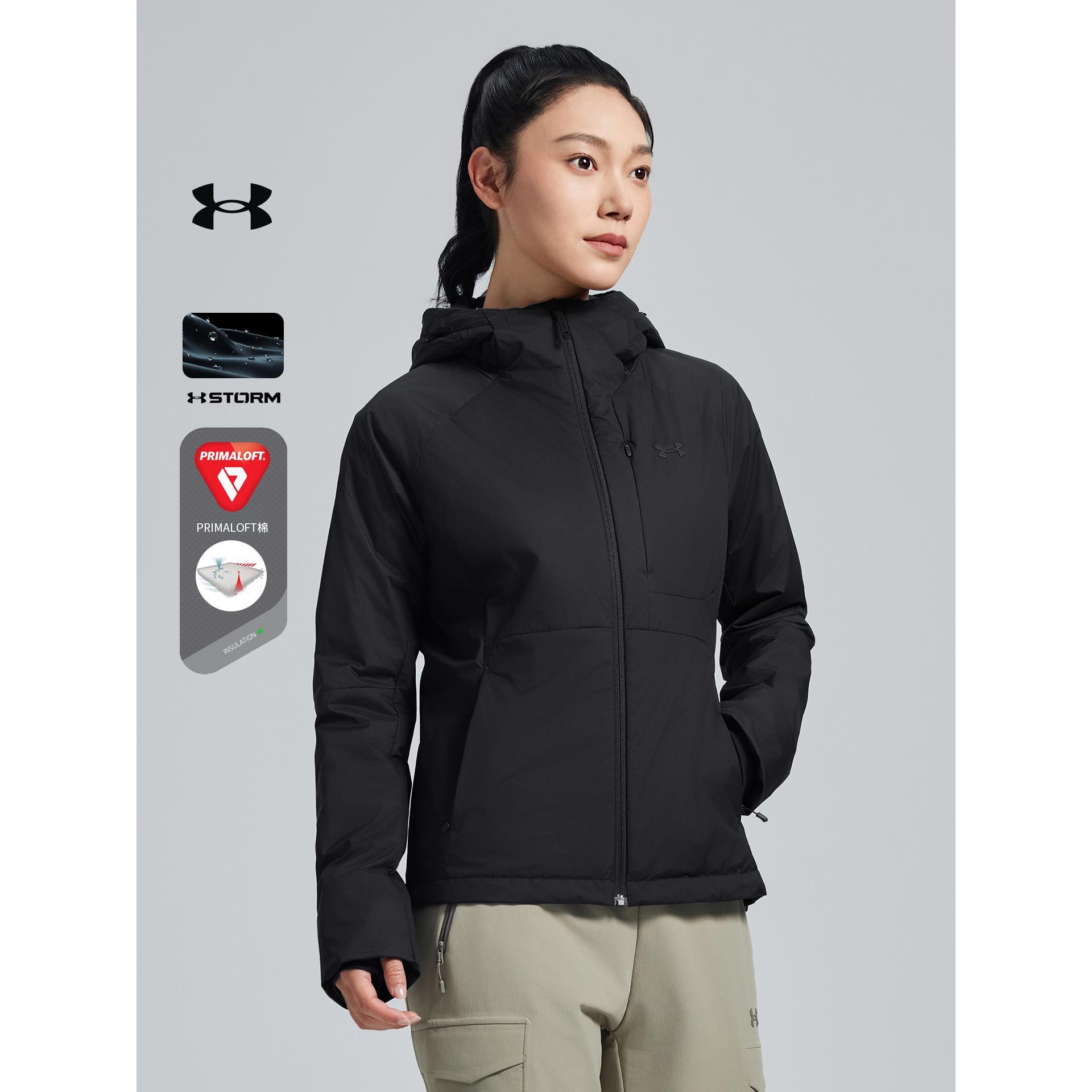 安德玛UA连帽棉服女冬季防泼水轻量运动休闲通勤保暖防风外套