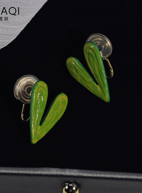 森系黄绿色爱心蚊香盘耳夹无耳洞时尚简约个性耳环少女风可爱耳饰