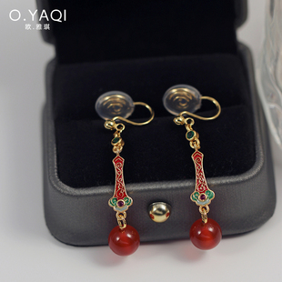 国风如意玛瑙蚊香盘耳夹复古气质耳钩耳环女耳饰个性 无耳洞中式