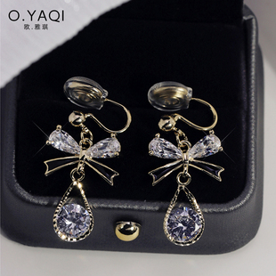 甜美闪锆蝴蝶结水滴无耳洞蚊香盘耳夹高级感气质银耳钩耳环女耳饰