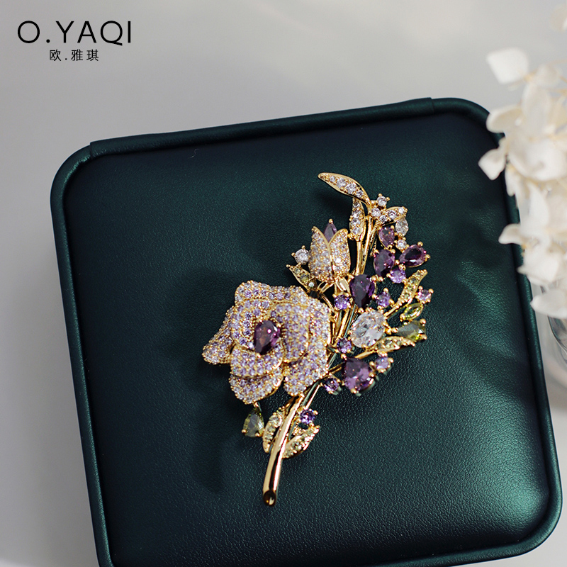 高级感复古气质紫色玫瑰花束胸针胸花时尚轻奢小众设计饰品女礼物