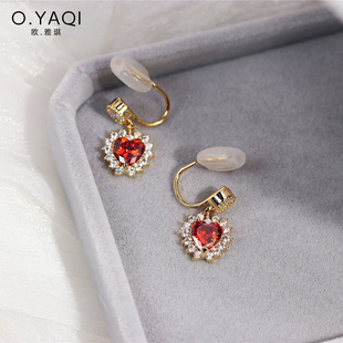 无耳洞蚊香盘耳夹红色爱心微镶闪锆耳钉中国风耳环饰品女